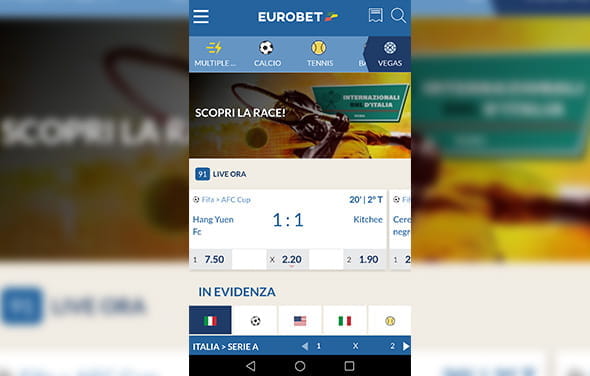 La home page della betting app Android di Eurobet
