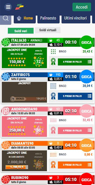 L'app di Eurobet con la sezione Bingo.