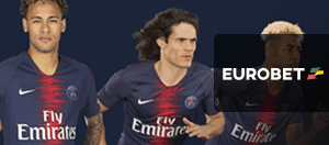 Neymar, Cavani e Kimpembe, giocatori del Paris Saint-Germain, in azione durante una partita e il logo di Eurobet
