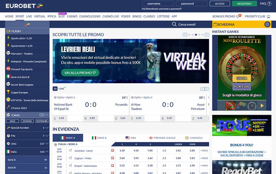 La schermata scommesse principale di Eurobet
