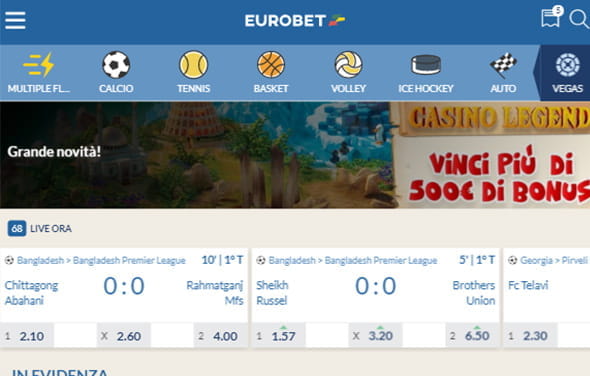La home page della betting app iPad di Eurobet