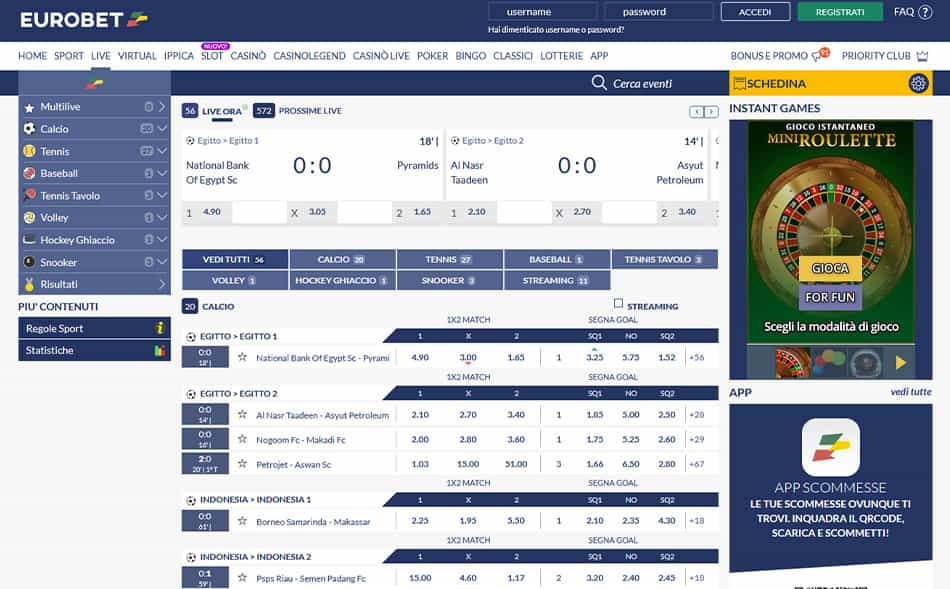 La pagina scommesse live di Eurobet