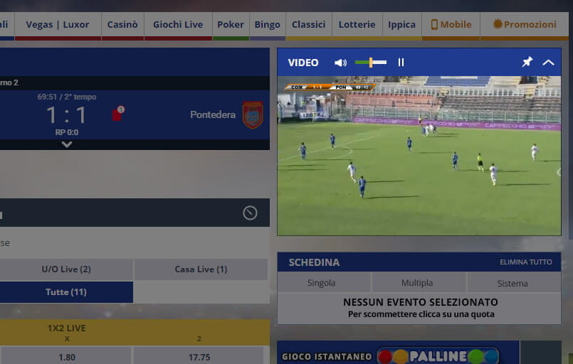 Lo streaming di una partita di calcio trasmessa su Eurobet
