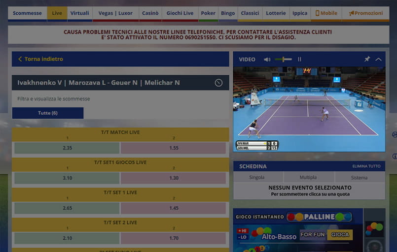 Lo streaming di un incontro di tennis su Eurobet