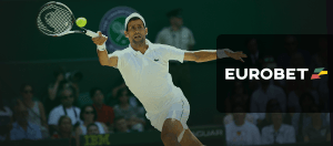 Novak Djokovic impegnato su un campo da tennis e il logo di Eurobet
