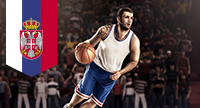 Un giocatore di basket in azione e la bandiera della Serbia