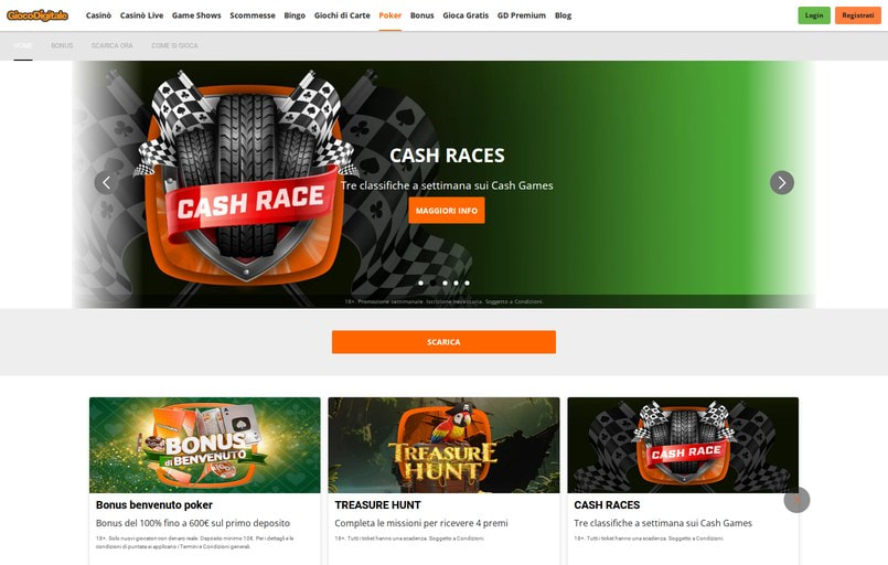 Gioco Digitale poker: la pagina principale con le Cash Races