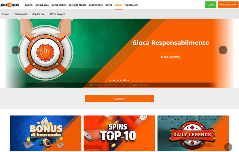 Gioco Digitale poker: la pagina principale con banner del bonus, degli Spins Top 10 e dei Daily Legends