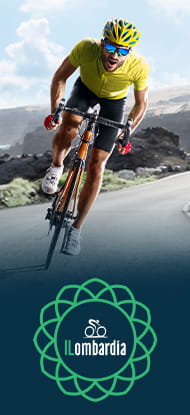 Ciclista in azione e logo del Giro di Lombardia
