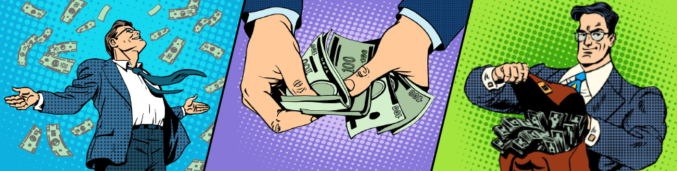 Tre cartoon di un uomo con delle banconote
