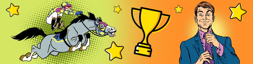 Un cartoon con un fantino goffo su un cavallo, un trofeo e un uomo in giacca e cravatta che rappresentano l'underdog nelle scommesse