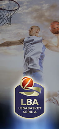 Un giocatore di basket mentre schiaccia a canestro e il logo della Serie A di pallacanestro