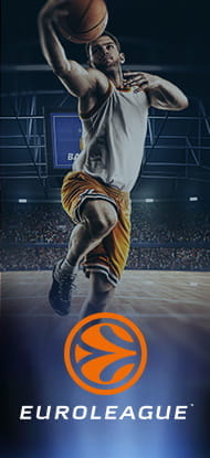 Un giocatore di basket mentre fa un'entrata a canestro e il logo dell'Euroleague