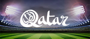 Uno stadio calcistico e il logo delle qualificazioni al Mondiale 2022