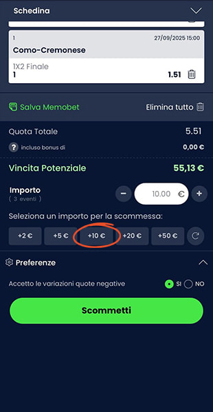 Inserimento importo schedina con l'app Totosì