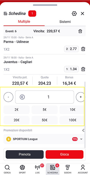 cifra importo schedina da app