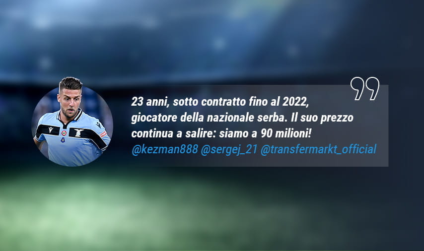 Il post del profilo Instagram dell'agente di Milinkovic-Savic, in cui viene riportato il prezzo di mercato del centrocampista serbo della Lazio