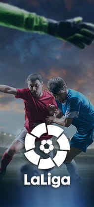 Uno stadio e dei giocatori durante una partita di calcio e il logo della Liga