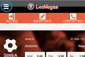 L'apertura del menù con l'app LeoVegas