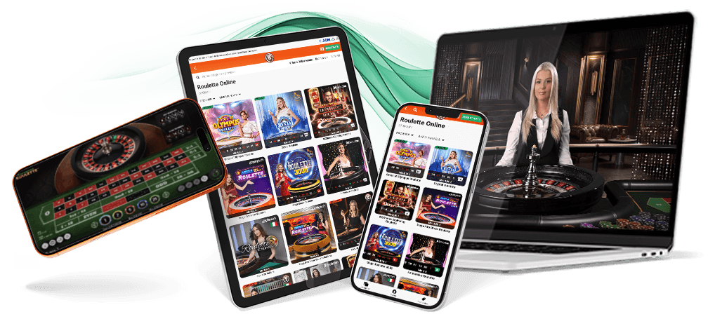 Tablet e smartphone con il gioco roulette casinò online nel menù principale di LeoVegas e una partita in corso