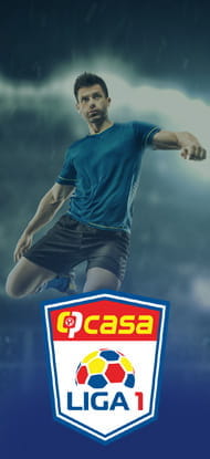 Un calciatore in azione e il logo della Liga 1 Romania