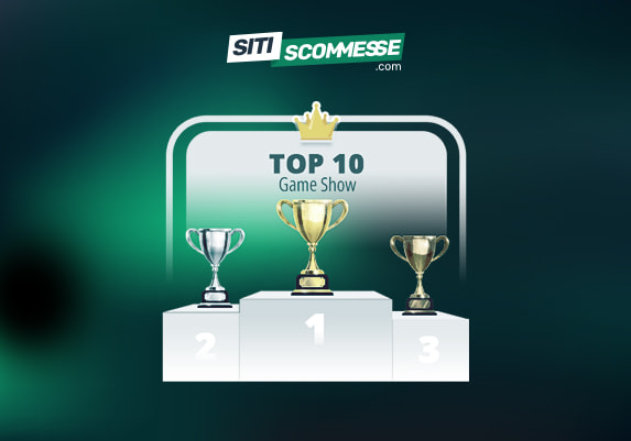 Il logo di sitiscommesse.com, la scritta TOP 10 Game Show e l'immagine di un podio con trofei