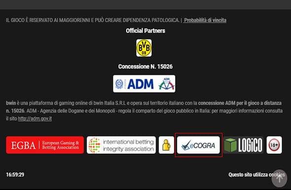 Logo ADM e numero licenza ufficiale sulla homepage di un casinò online che dimostra la sicurezza del casinò online