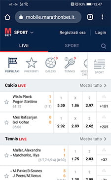 La pagina live sull’app scommesse di Marathonbet