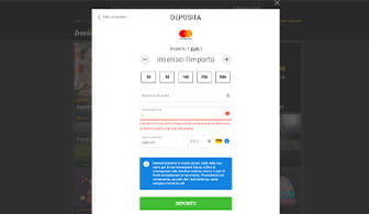 Il form per effettuare un deposito tramite carta di credito MasterCard su un conto scommesse