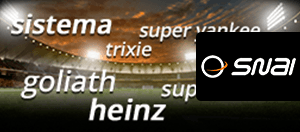 I nomi dei principali sistemi di scommesse, un campo da calcio sullo sfondo e il logo di SNAI