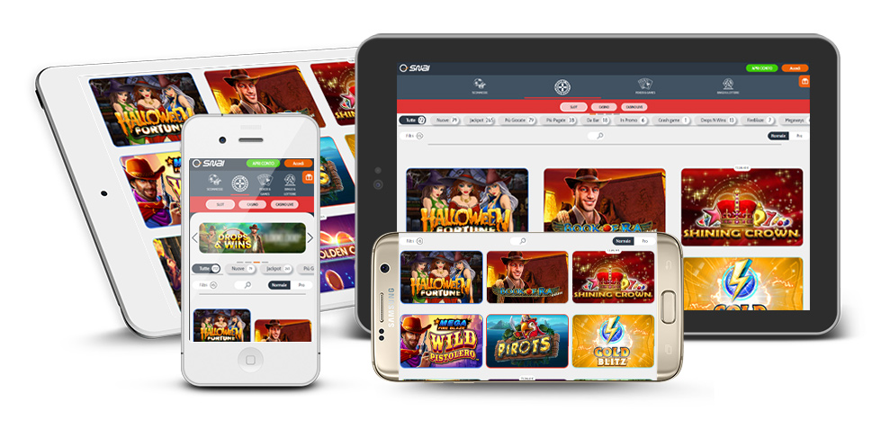 Schermate di cataloghi di slot online su vari dispositivi tablet e smartphone