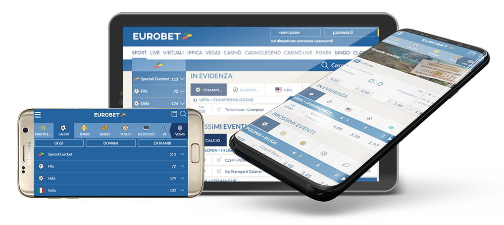 La migliore app di scommesse sul calcio Android con i dispositivi che mostrano la home page di Eurobet