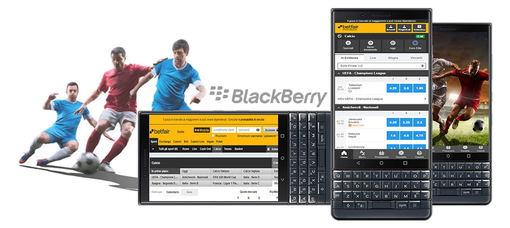 La migliore app di scommesse sul calcio BlackBerry con i dispositivi che mostrano la home page di Betfair