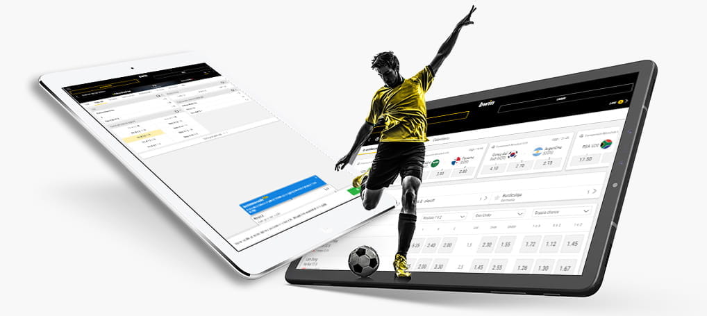La migliore app di scommesse sul calcio iPad con i dispositivi che mostrano la home page di bwin