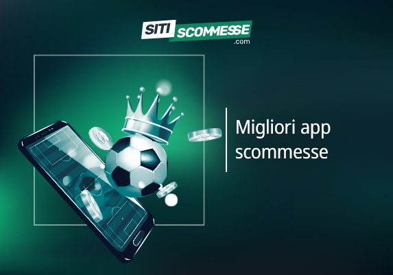 Il logo di sitiscommesse.com, la scritta Migliori app scommesse, uno smartphone, un pallone e una corona