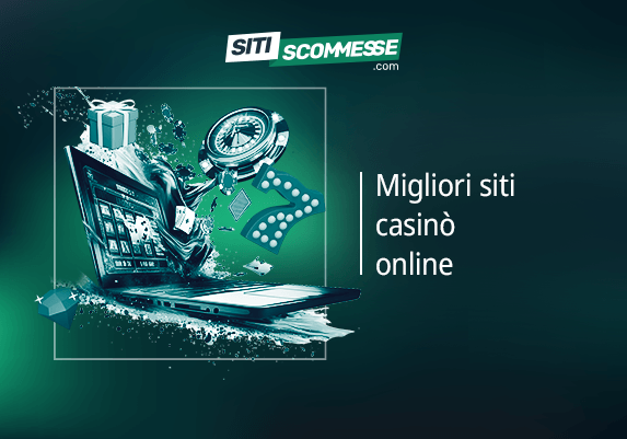 Il logo di sitiscommesse.com, la scritta Migliori siti casinò online, un laptop e delle immagini sul casinò