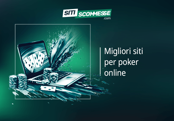 Il logo di sitiscommesse.com, la scritta Migliori siti per poker online, un laptop e delle fiches