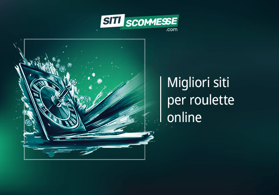 Il logo di sitiscommesse.com, la scritta Migliori siti per roulette online, un laptop e una roulette
