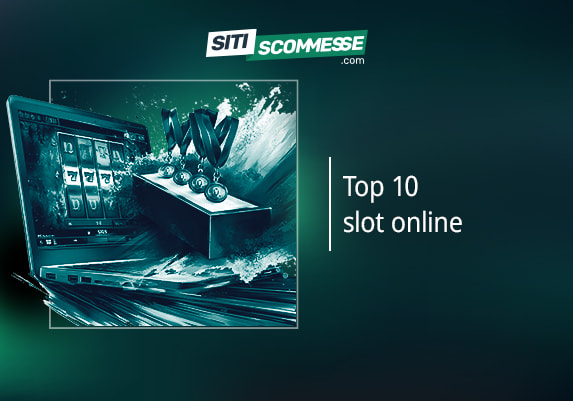 Il logo di sitiscommesse.com, la scritta Top 10 slot online e un laptop con una slot sullo schermo