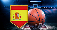 Una mano con un pallone da basket e la bandiera della Spagna