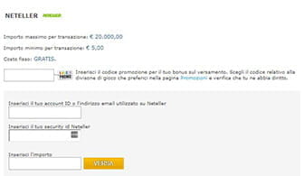 Il form per effettuare un deposito su conto scommesse con Neteller
