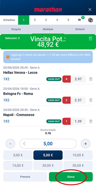 Conferma schedina dall'app Marathonbet