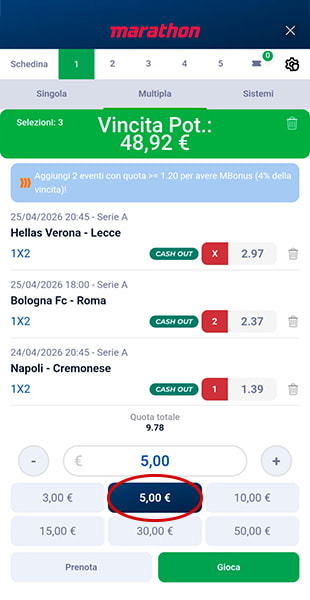 Inserimento importo schedina dall'app Marathonbet