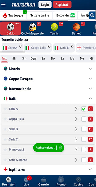 Selezione sport e campionato app Marathonbet