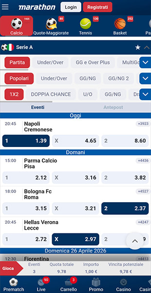 Selezione quote app Marathonbet