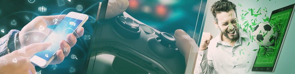 L'immagine è divisa in tre parti: a sinistra una mano regge uno smartphone: sullo sfondo, curve che connettono simboli. Al centro, un particolare del joypad della playstation; a destra, un ragazzo esulta davanti a uno smartphone da cui esce un pallone