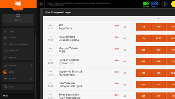 La pagina calcio di 888sport