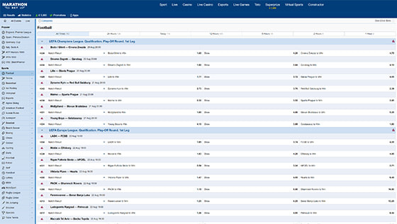 La pagina calcio di Marathonbet