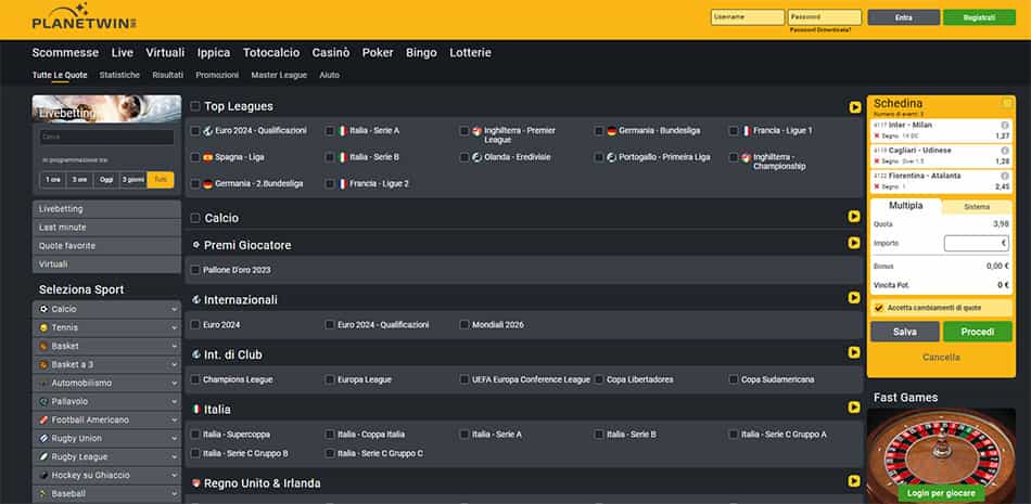 la pagina degli sport di Planetwin365