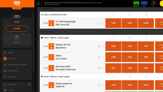 La pagina live di 888sport